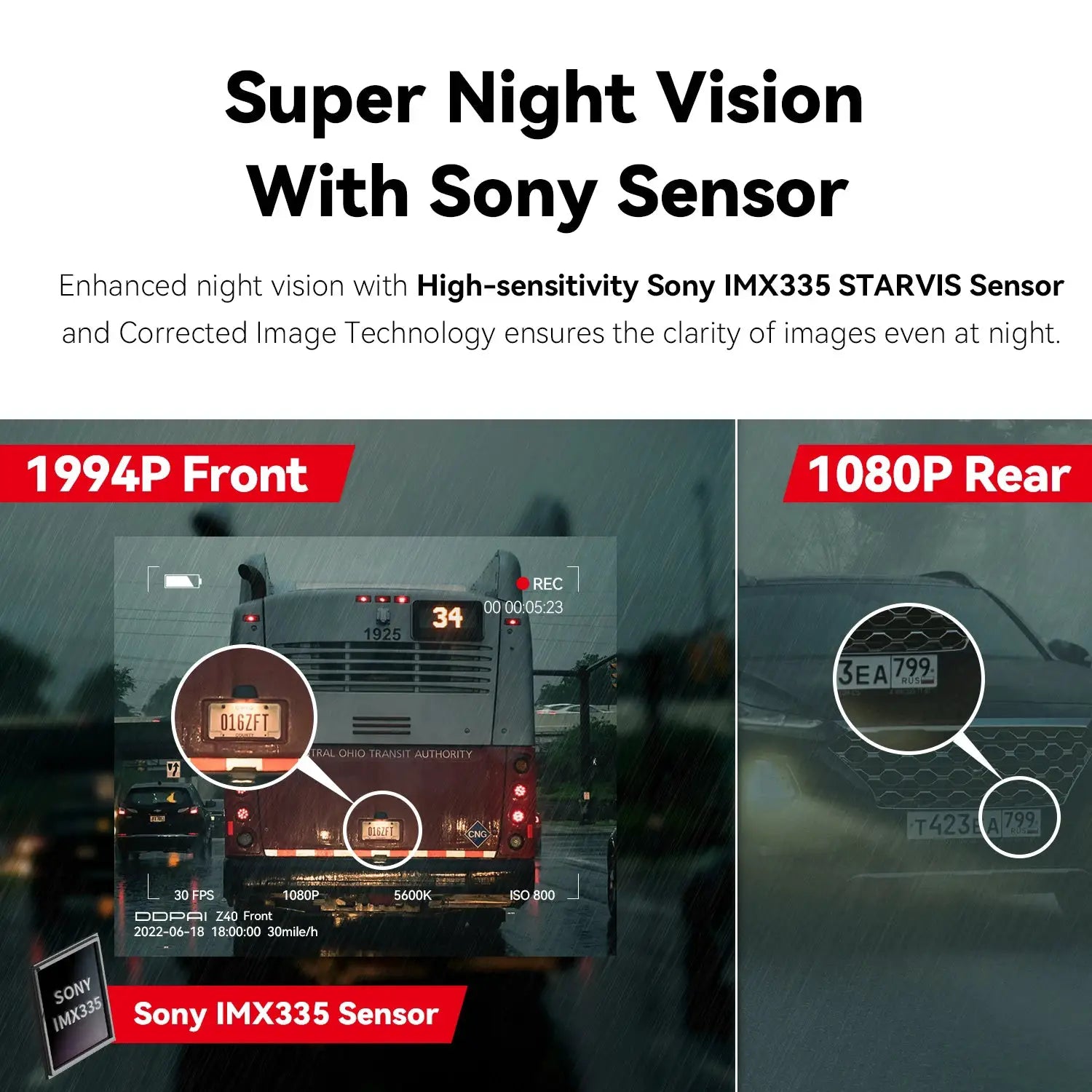 DDPAI Z40 dash cam by Simples Market; two-panel ad shows front 1944P and rear 1080P with Sony IMX335 sensor, GPS, wifi