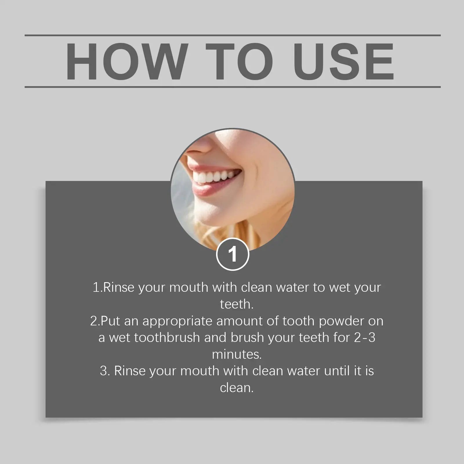 Simples Market Collagen Whitening Tooth Powder product how-to-use infographic with steps to rinse and brush.