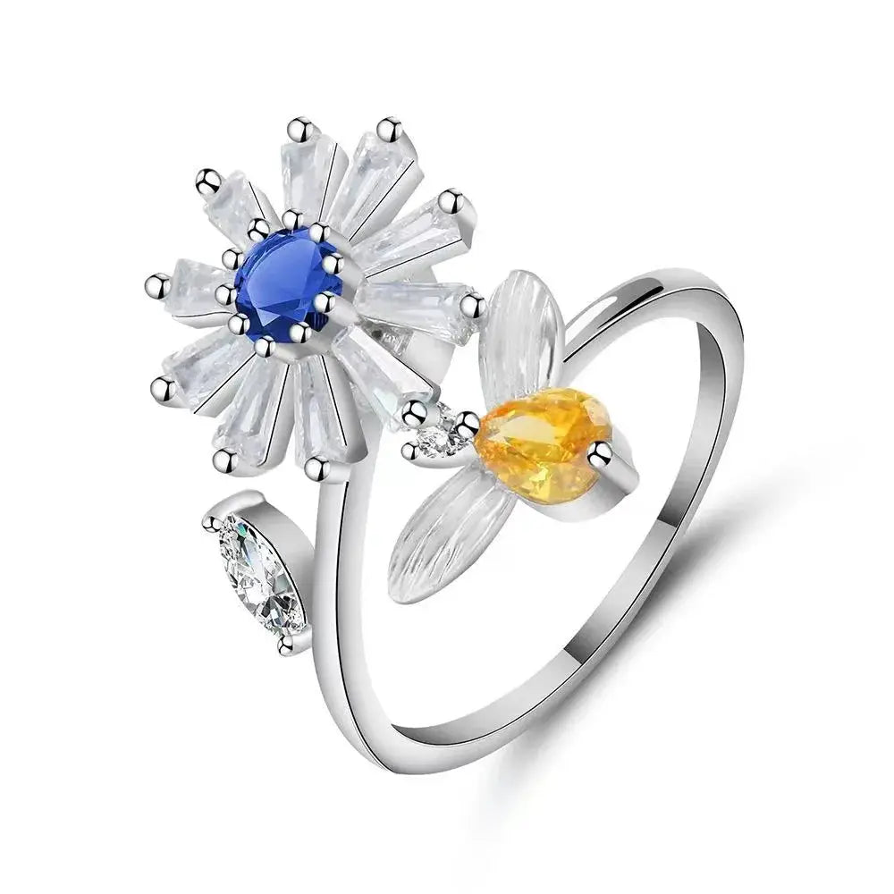 SMJEL Fidget Spinner Ring for Women Crystal Flower Eye Butterfly Animal Motifs Stress Relief Wedding Jewelry
