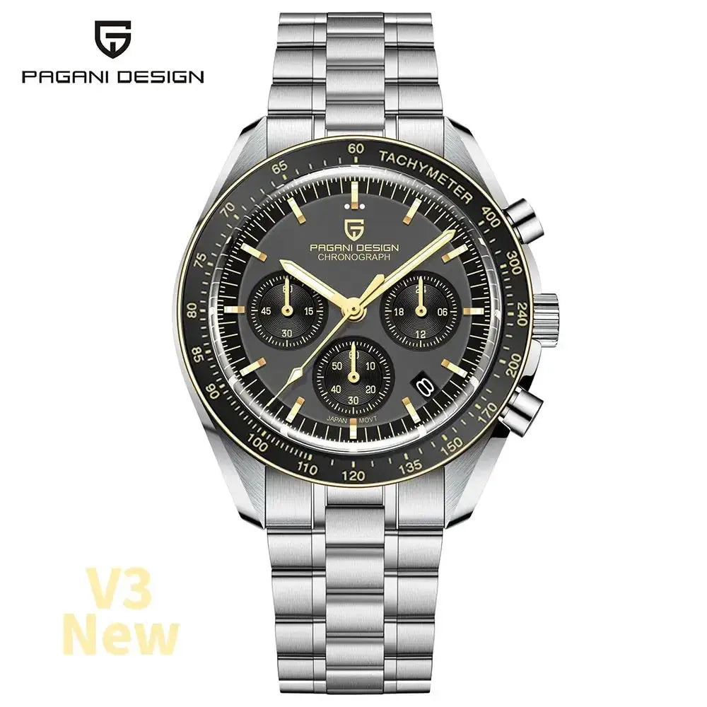 Pagani Design men's stainless steel chronograph watch with black dial and gold-tone hands, tachymeter bezel