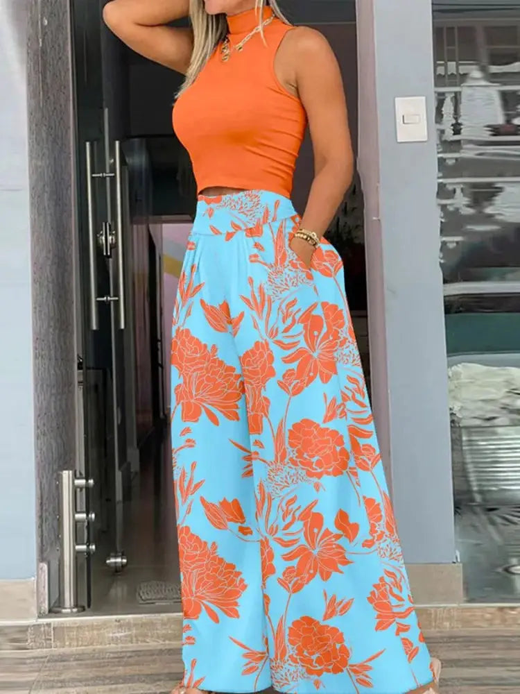 Summer Print Two Piece Set Women Sleeveless Tank Top Wide Leg Pants