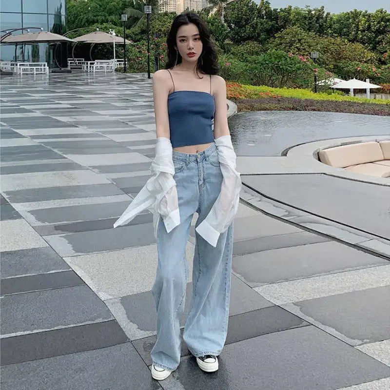 New Design Sense Womens Loose Denim Pants Retro Straight Leg Jeans