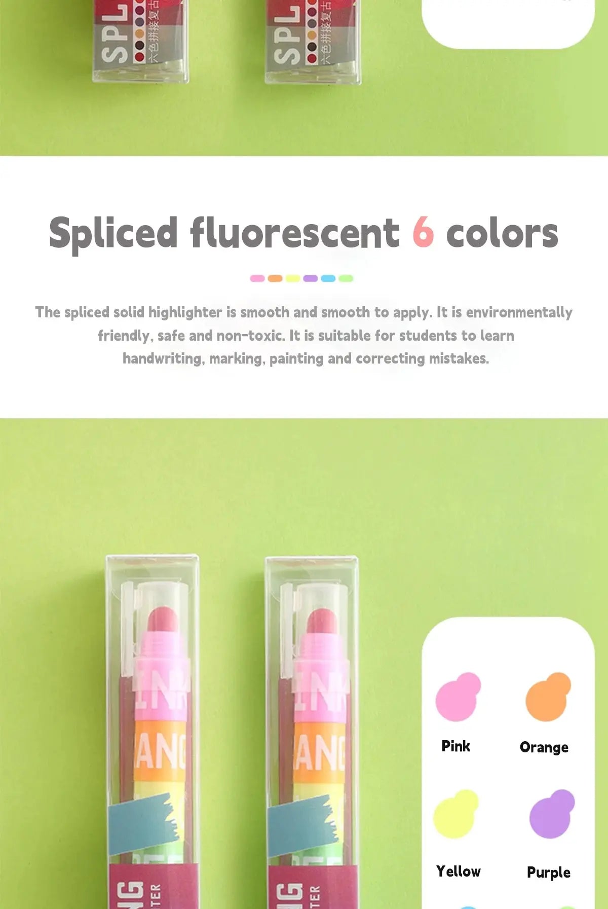 Two pink highlighters in clear cases from Simples Market, multi-color fluorescent marker set with color swatches
