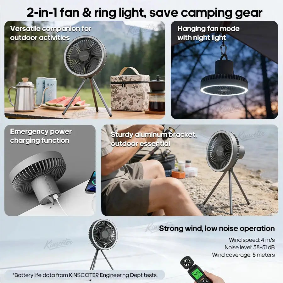 Simples Market 2-in-1 camping fan and ring light; portable gray USB-rechargeable fan with built-in power bank