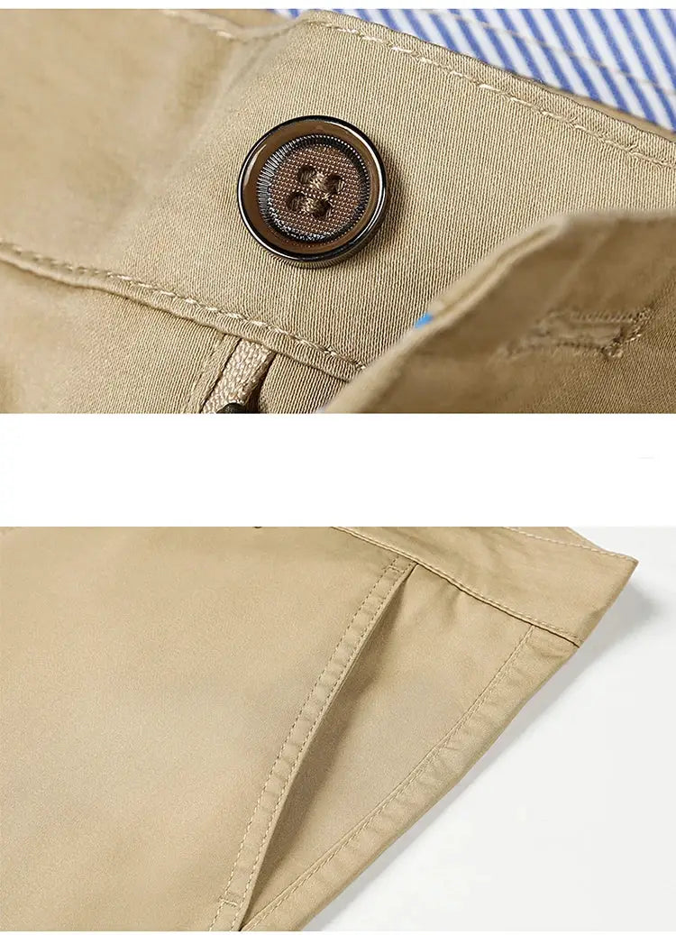 Beige men's casual business pants by Simples Market with brown button; straight stretch fit