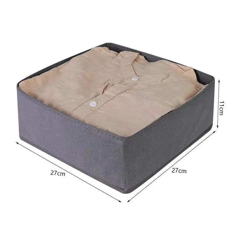 Simples Market gray foldable drawer organizer with a shirt inside for wardrobe storage, 27x27x11 cm