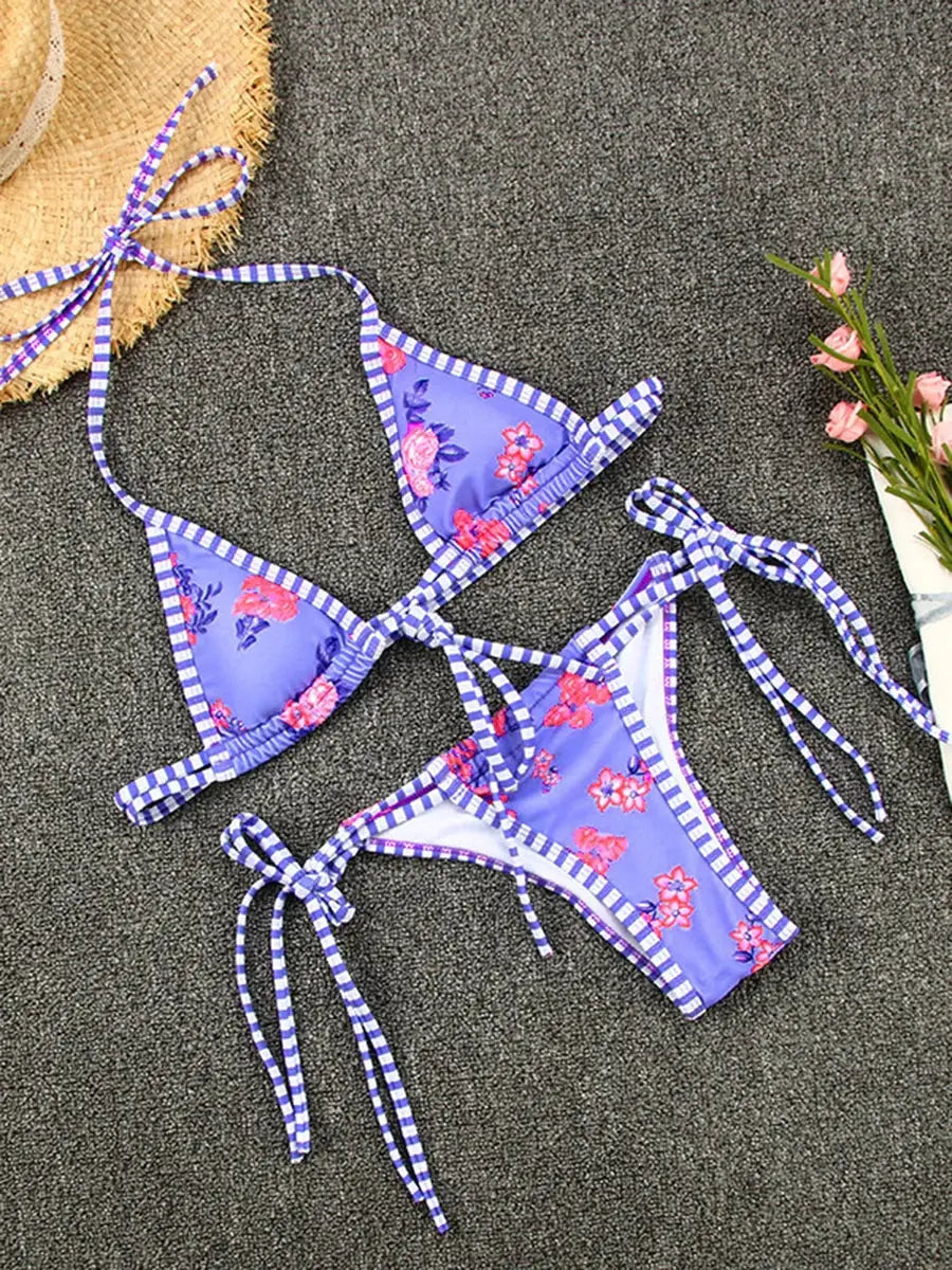 Simples Market purple floral two-piece bikini set with purple-and-white striped ties