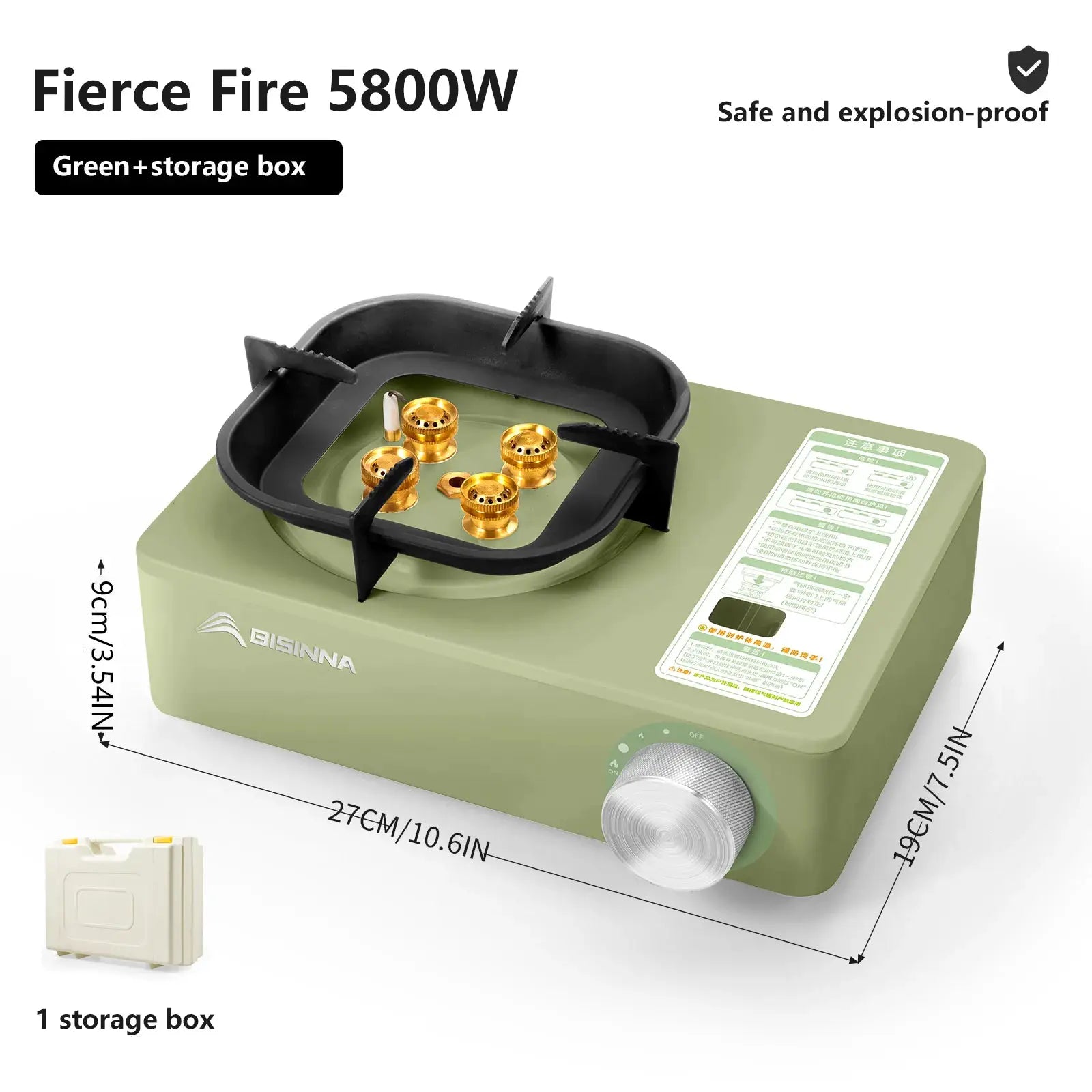 BISINNA camping gas stove, green portable cassette burner with black pan supports