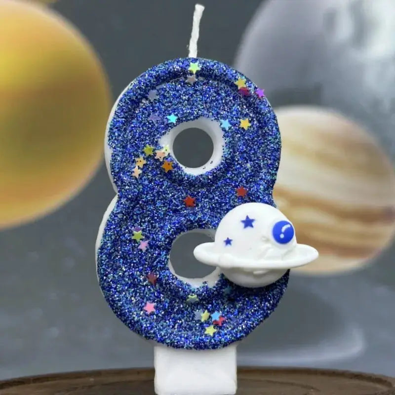 Planet Themed Spaceship Digital Candle 0 To 9 Dark Blue Birthday Cake Decoration For Outer Space Party