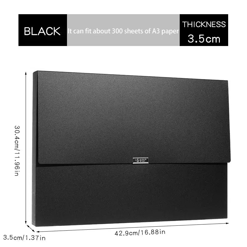 Black A3 document file box with foldable buckle, thickened waterproof plastic, large capacity by Simples Market