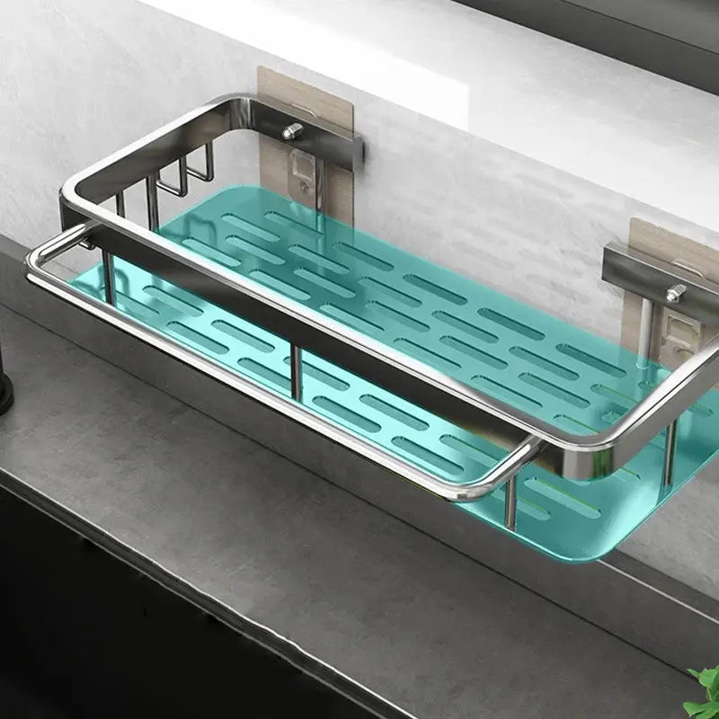 Simples Market wall-mounted drain rack with teal tray and chrome frame for kitchen sink storage