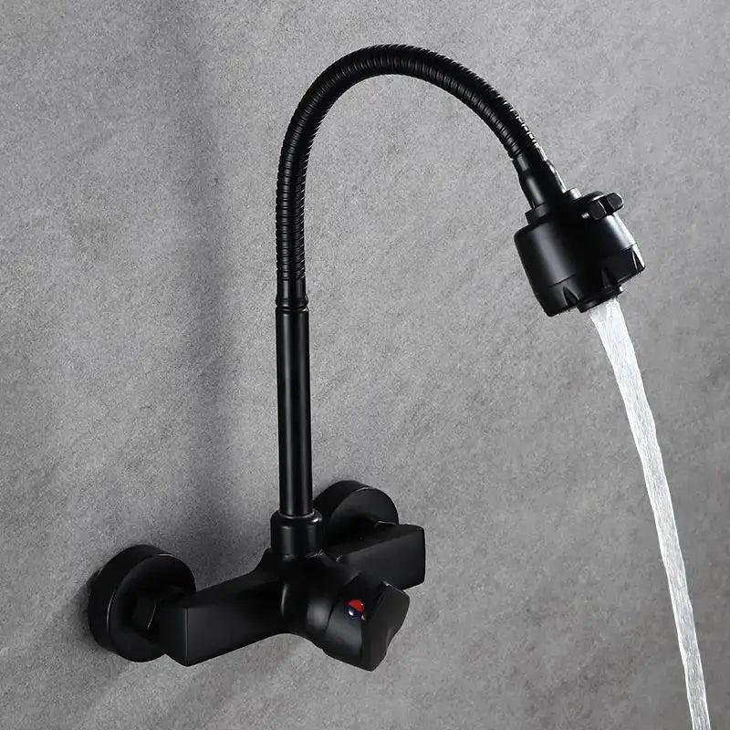 Simples Market wall-mounted dual-hole kitchen faucet, black finish with flexible gooseneck and 360° rotation