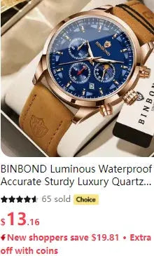 BINBOND men's quartz wristwatch with blue dial, rose-gold case and brown leather strap