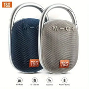 TG321 portable fabric Bluetooth speaker by Simples Market; T&G logo, waterproof pair in blue/beige with metal handle