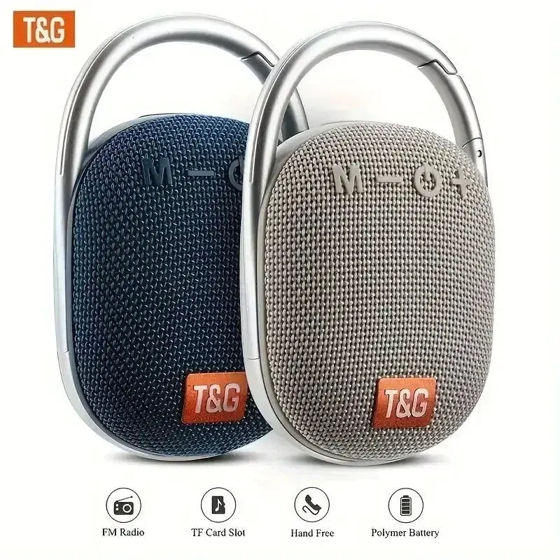 TG321 portable fabric Bluetooth speaker by Simples Market; T&G logo, waterproof pair in blue/beige with metal handle