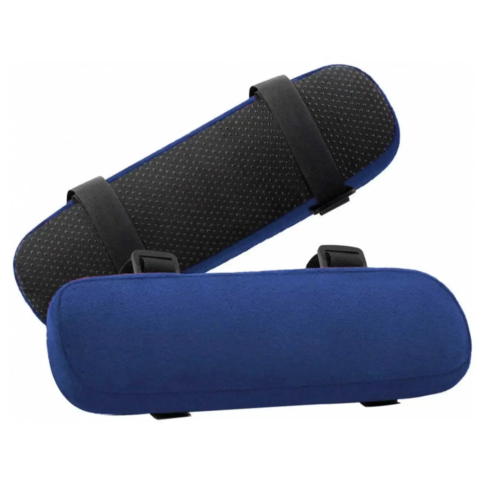 2Pcs Chair Armrest Cushions, blue memory foam with black underside and adjustable straps