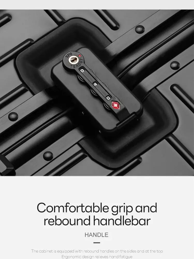 Black travel suitcase with integrated combination lock and textured panels.