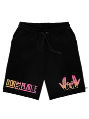 Black Jul shorts with drawstring waist; gradient text on left leg and JUL hand logo on right leg