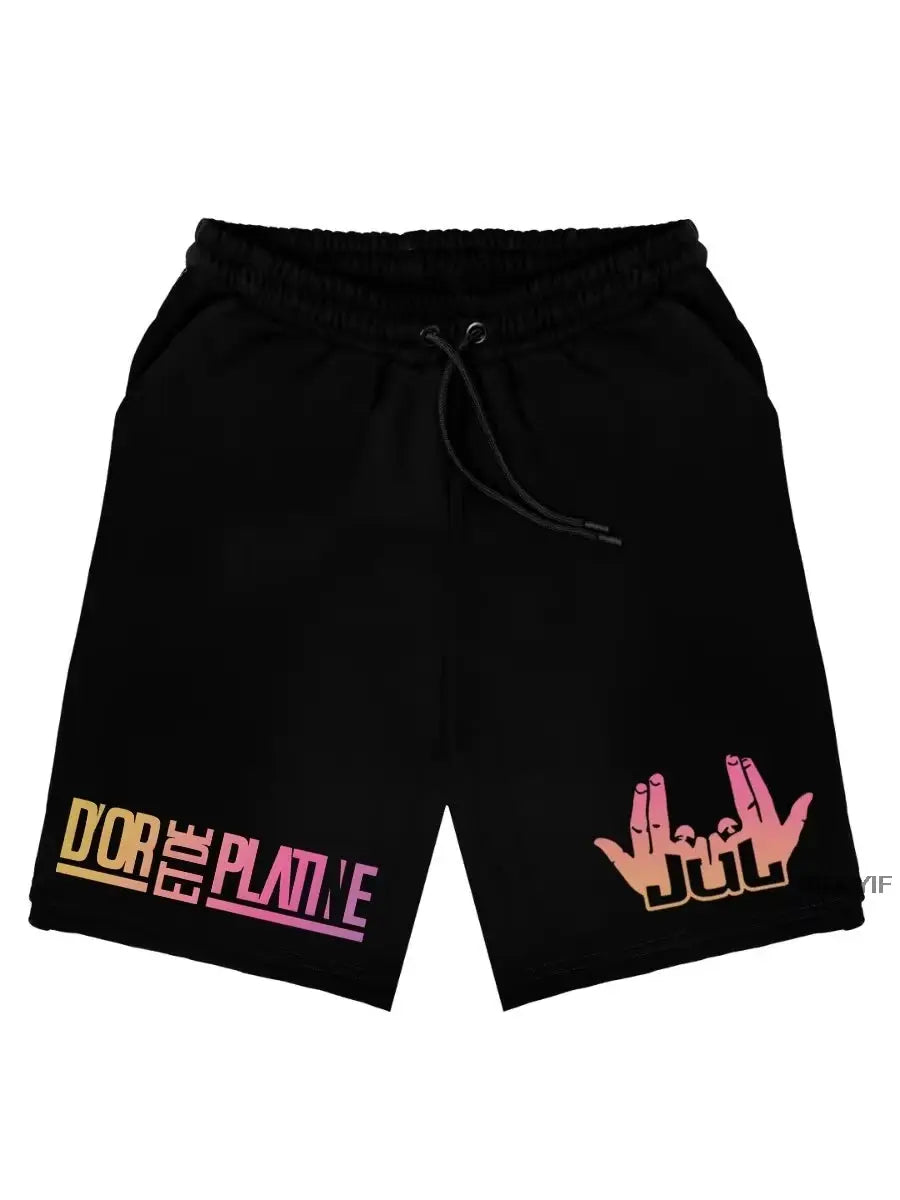 Black Jul shorts with drawstring waist; gradient text on left leg and JUL hand logo on right leg