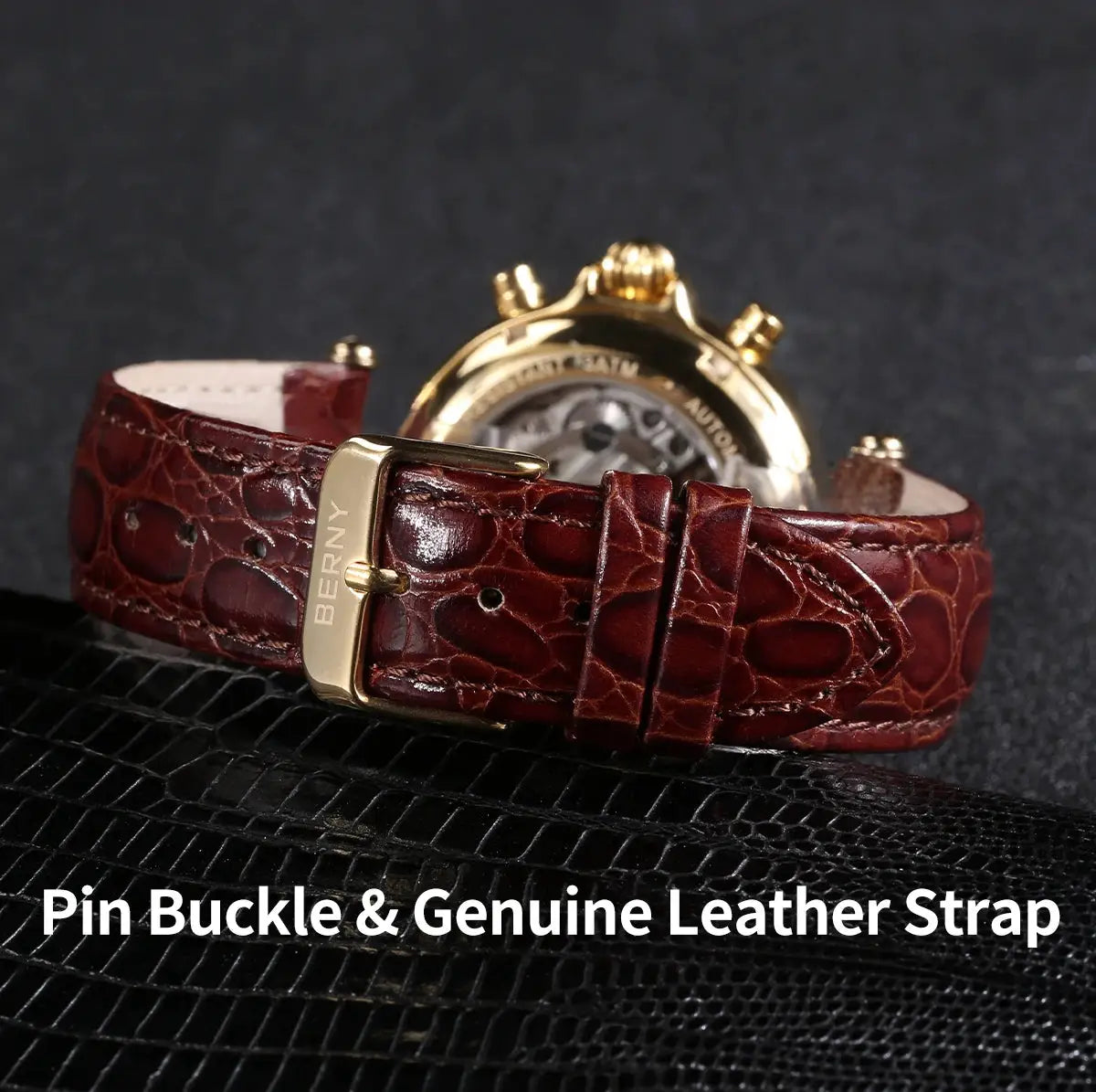 BERNY retro automatic men's watch with brown crocodile-pattern genuine leather strap and gold-tone buckle