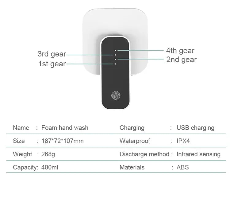 Automatic soap dispenser by Simples Market, touchless infrared sensor, USB charging, white base with black body.