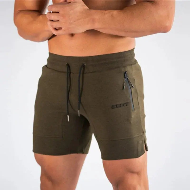 Simples Market men's olive green athletic shorts with zip pocket and drawstring, mid-thigh length