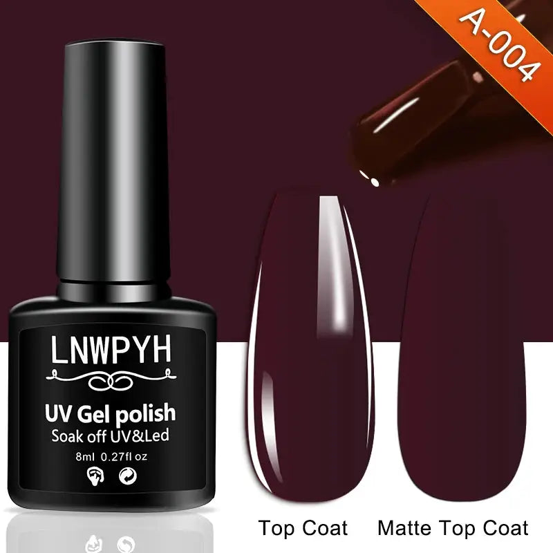 Gel nail polish kit LNWPYH by Simples Market with burgundy UV gel bottle and 2 top coat swatches