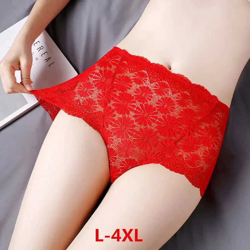Red lace high-waisted panties for women with floral pattern, size L-4XL.