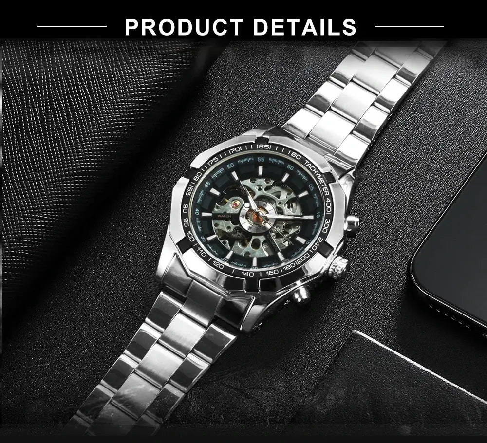 Winner Classic skeleton men's watch with stainless steel bracelet and visible gears