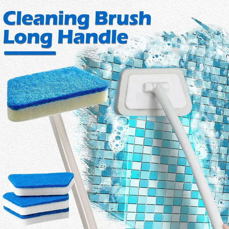 Bathroom sponge cleaning brush with long handle; blue scrubbing sponges, 3-piece set by Simples Market