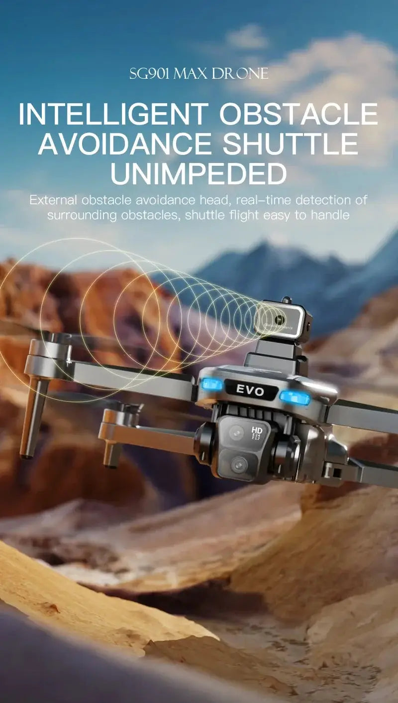 Simples Market Lenovo SG901 MAX drone with folding arms and camera, obstacle avoidance, flying over rocky canyon.