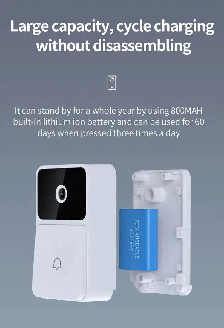 Wireless WiFi video doorbell with white unit and blue rechargeable battery (2 items)