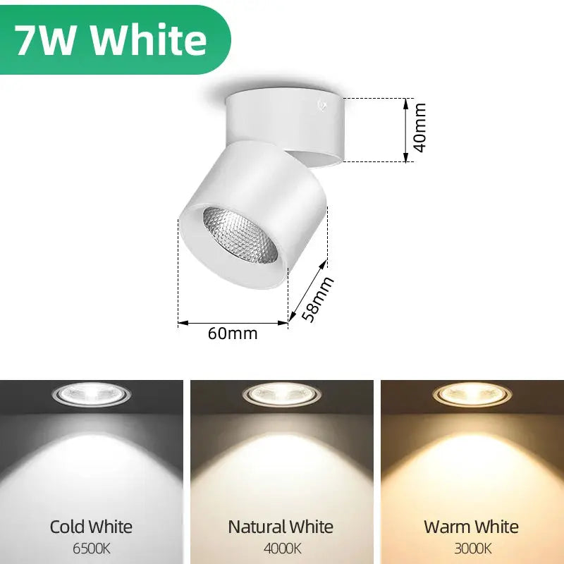 Simples Market 7W white LED spot downlight, surface-mounted ceiling lamp, 220V, with 3 color temperatures.