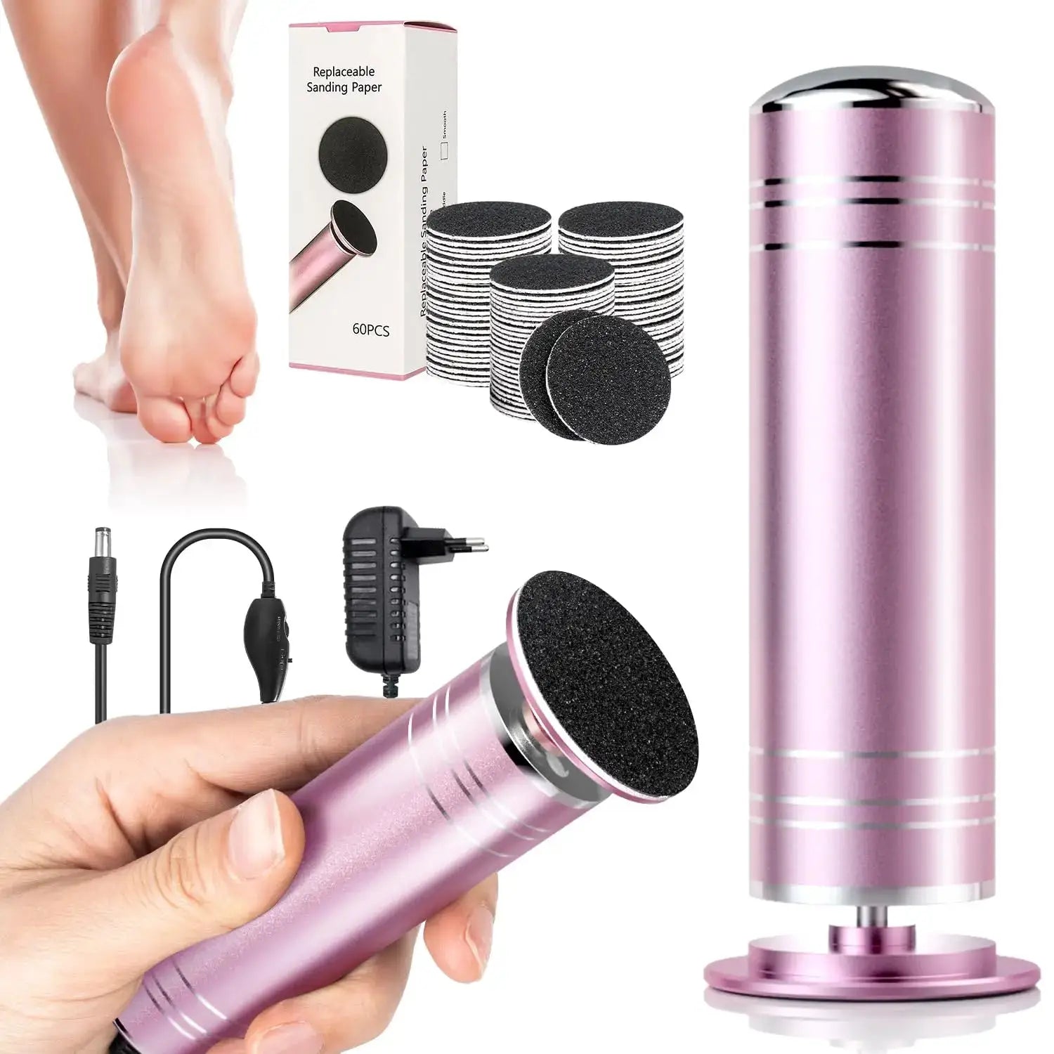 Simples Market electric foot grinder callus remover with pink metal body and 60 replacement sanding discs
