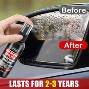 CJTHK car glass anti-fog hydrophobic coating spray in a black bottle, applied to a car side mirror with water beading.
