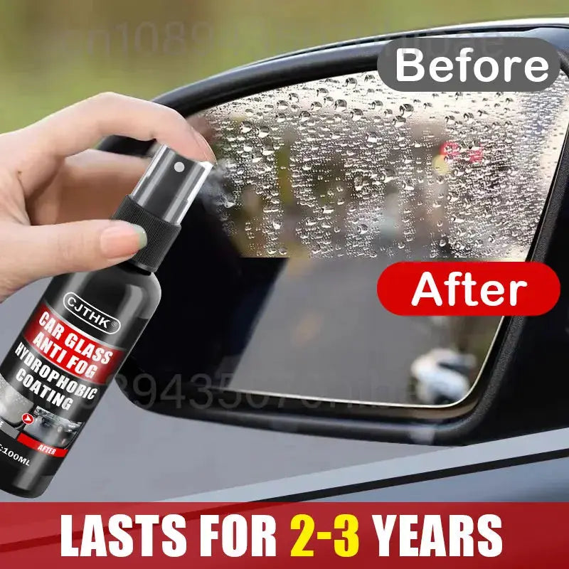 CJTHK car glass anti-fog hydrophobic coating spray in a black bottle, applied to a car side mirror with water beading.