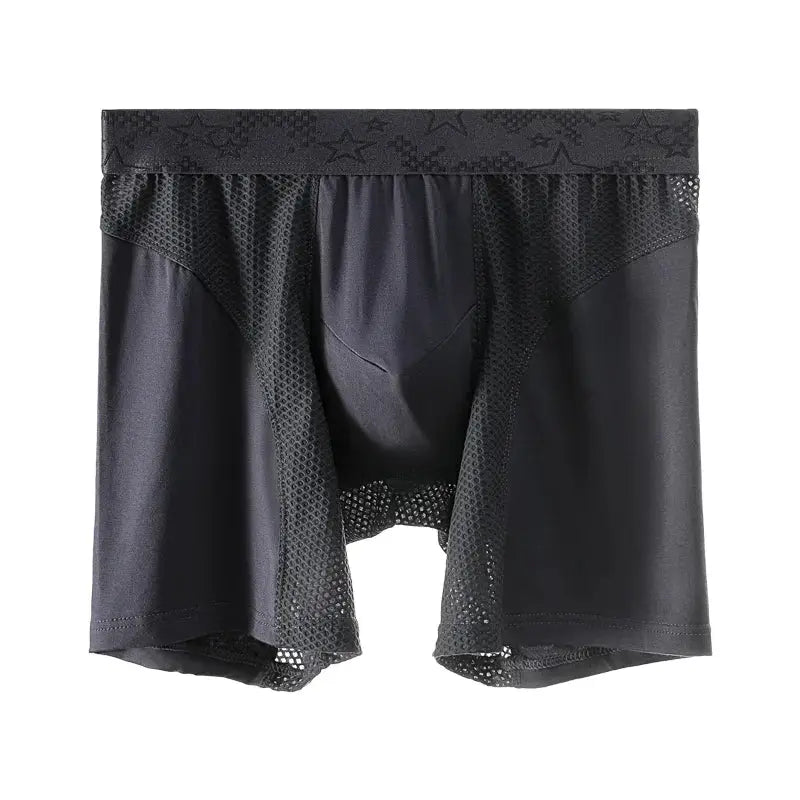 Men's extra-long sport boxer briefs with breathable mesh panels, black long-leg underwear