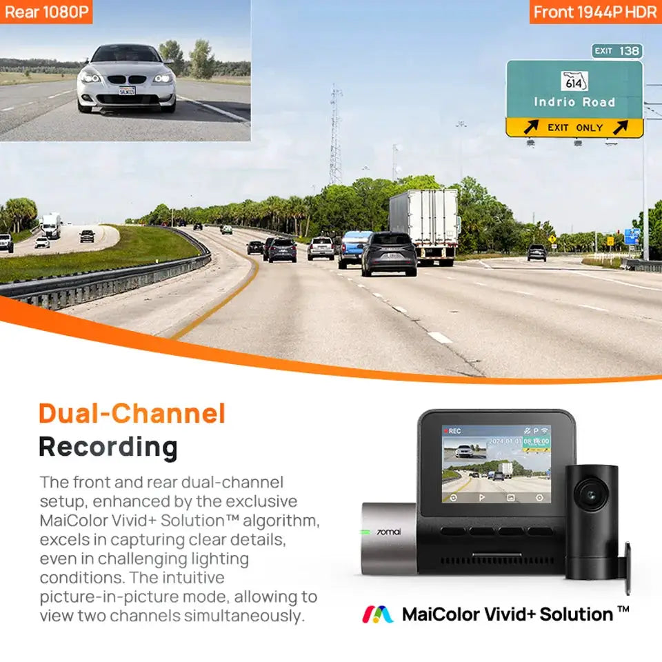 70mai A510 dual-channel dash cam with front 1944P HDR, rear 1080P, 24H parking, GPS/ADAS, 4G