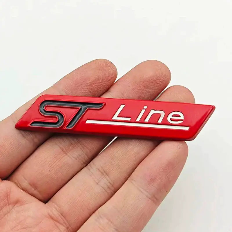 Red 3D metal ST Line car badge emblem with black chrome ST and silver Line text for rear trunk.