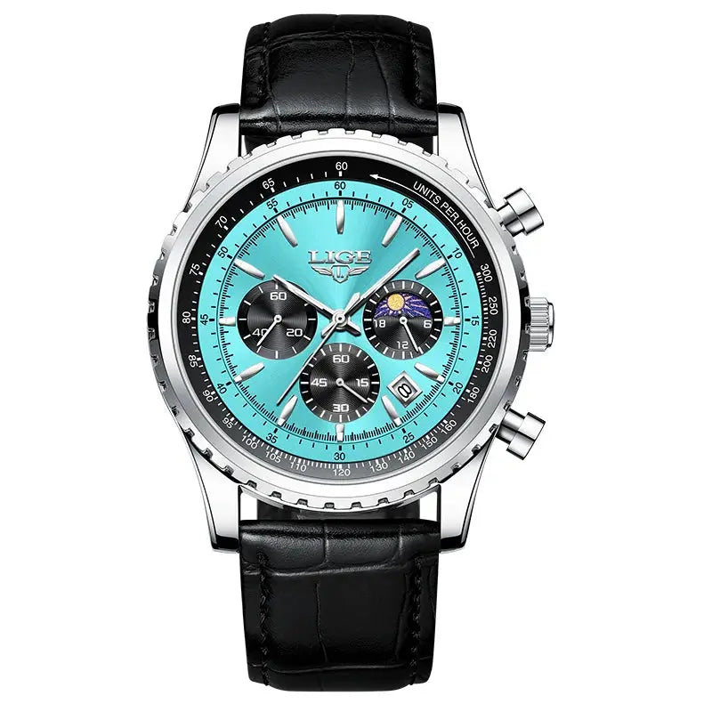 LIGE men's luxury quartz chronograph watch with turquoise dial, black leather strap, date window