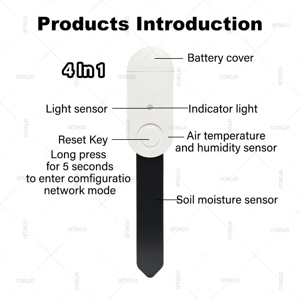 Simples Market 4-in-1 Zigbee soil moisture sensor with temp, humidity and luminance; white top, black probe.