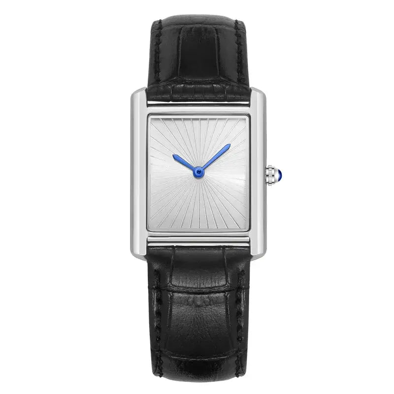 Square watch by Simples Market with silver case, blue hands, black leather strap.