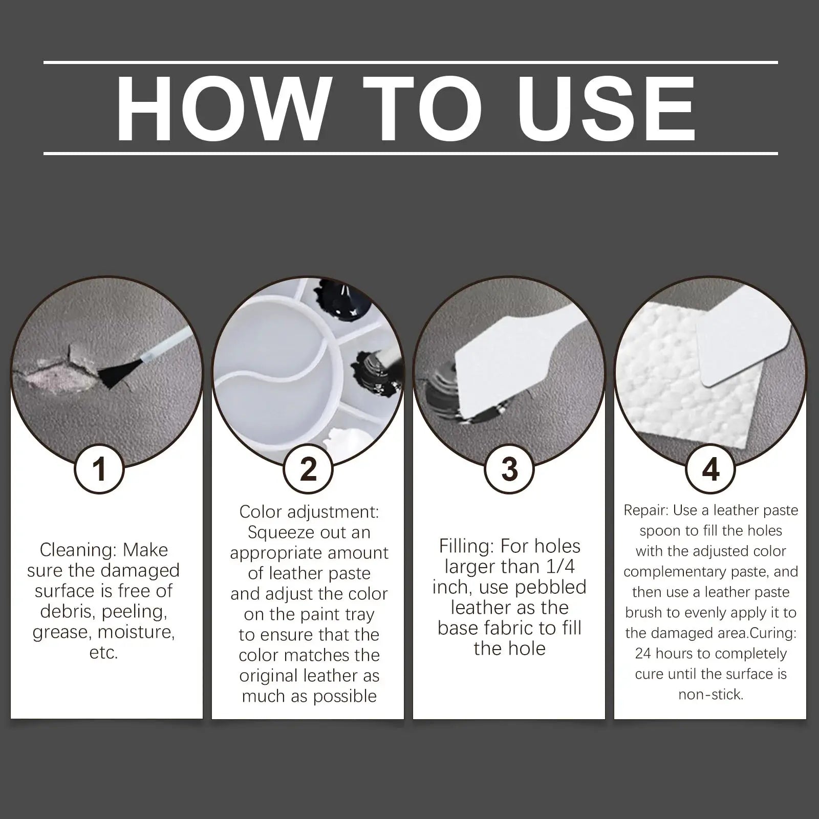 Simples Market leather repair kit how-to-use guide with four circular steps