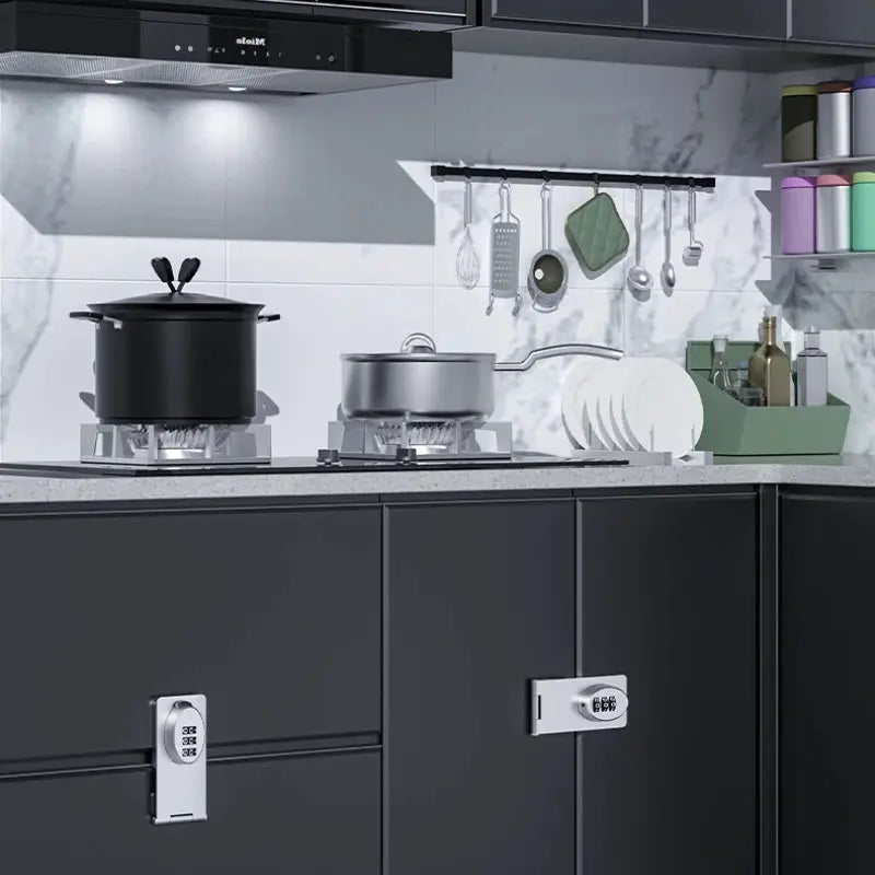 Mechanical password lock slide latch for cabinet doors; two silver keypad locks mounted on dark kitchen cabinets.