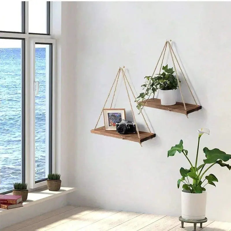 Wooden Hanging Shelf With Hemp Rope Wall Mounted Floating Shelf For Plants And Decor In Living Room