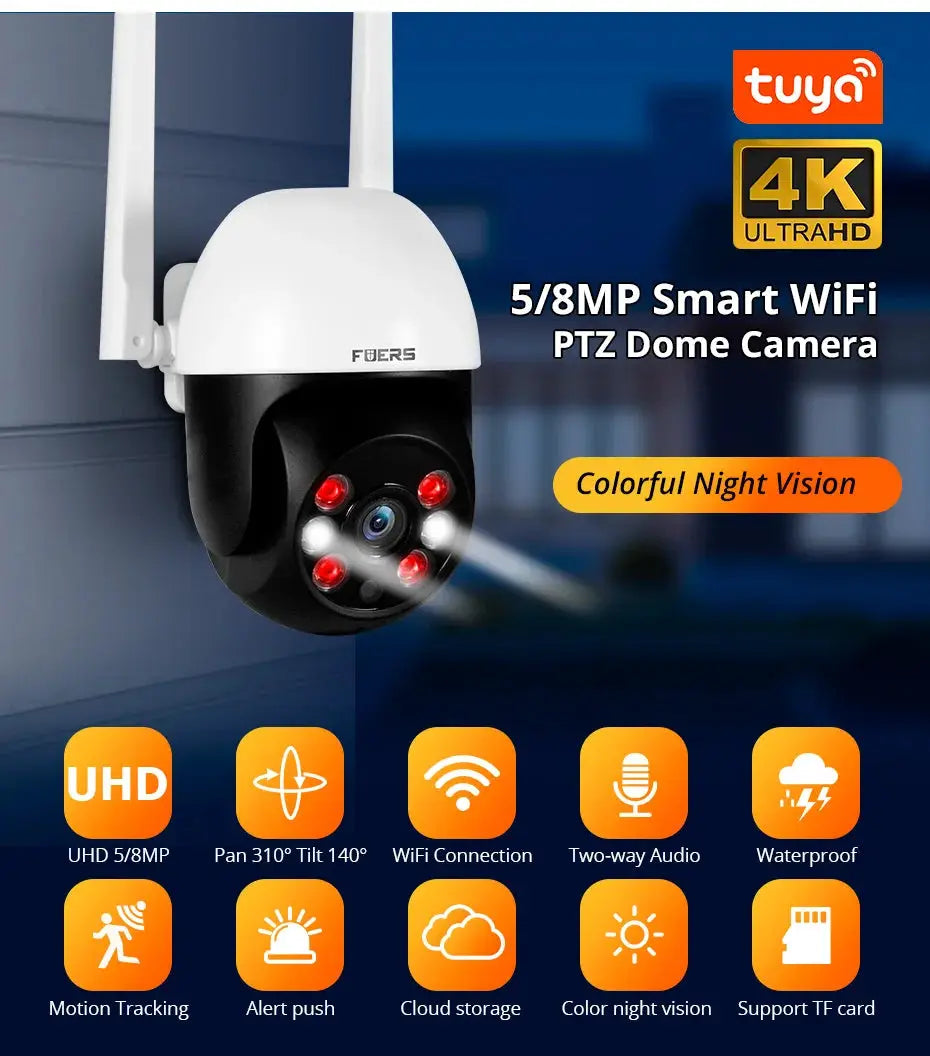 Fuers 8MP 4K IP outdoor security camera, white dome, Tuya compatible, AI human detection