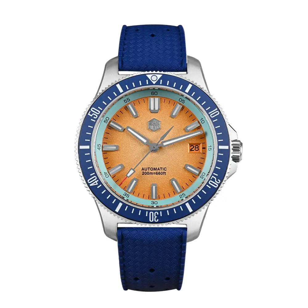 San Martin 40mm dive watch for men with orange dial, blue bezel and blue strap; automatic NH35, 200m water resistance