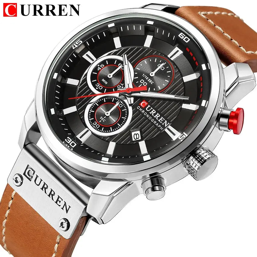 CURREN 8291 men's chronograph watch with brown leather strap and stainless steel case