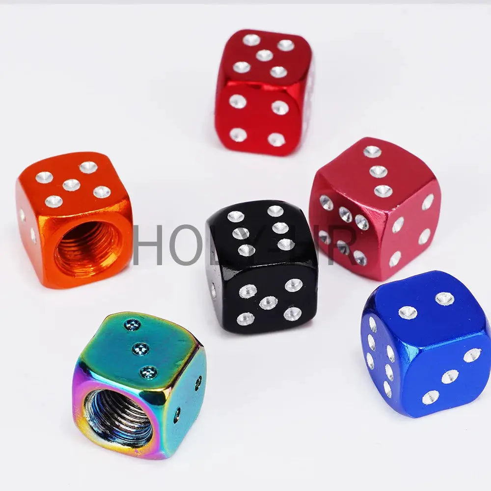 Six aluminum dice tire valve caps dustproof in red, orange, black, blue, pink and rainbow for cars, trucks, bikes