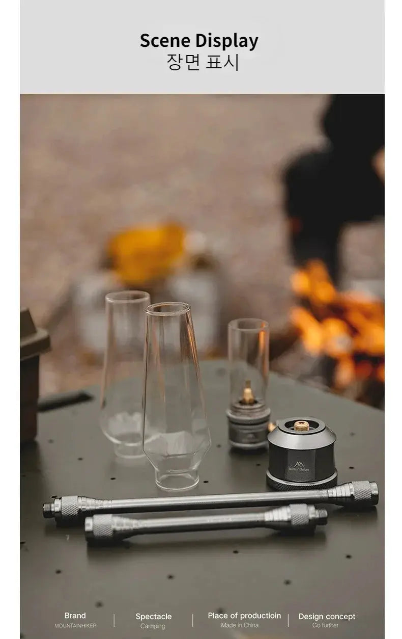 MOUNTAINHIKER Outdoor Gas Light Set with metal rods, glass chimneys, and compact burner